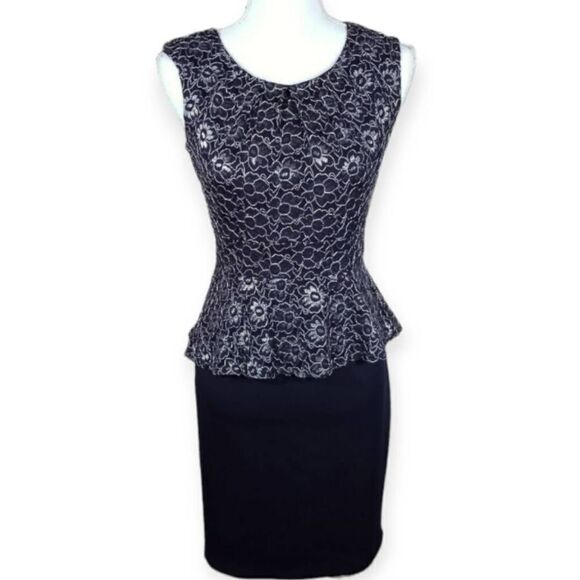 EN FOCUS NAVY AND SILVER LACE PEPLUM DRESS SZ.4 EUC. - Picture 1 of 7